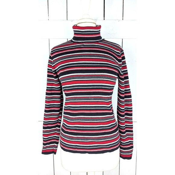 90s vintage fitted red striped ribbed turtle neck long sleeve sweater top - Picture 2 of 4